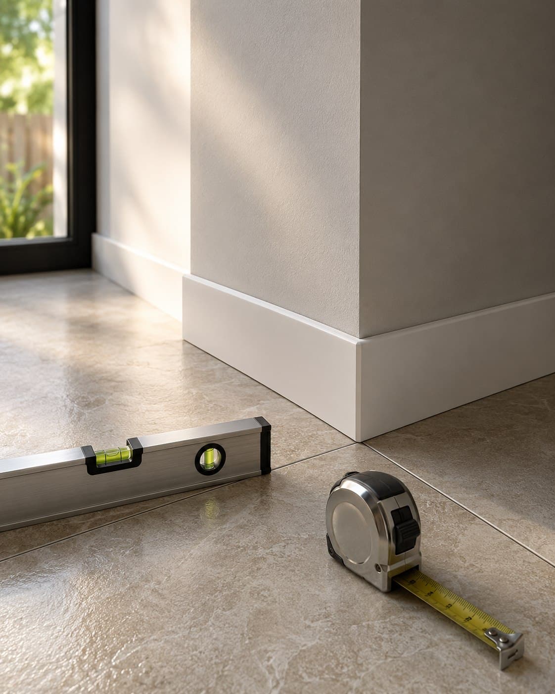 Close-up of precision tools on a freshly finished, perfectly aligned tiled surface